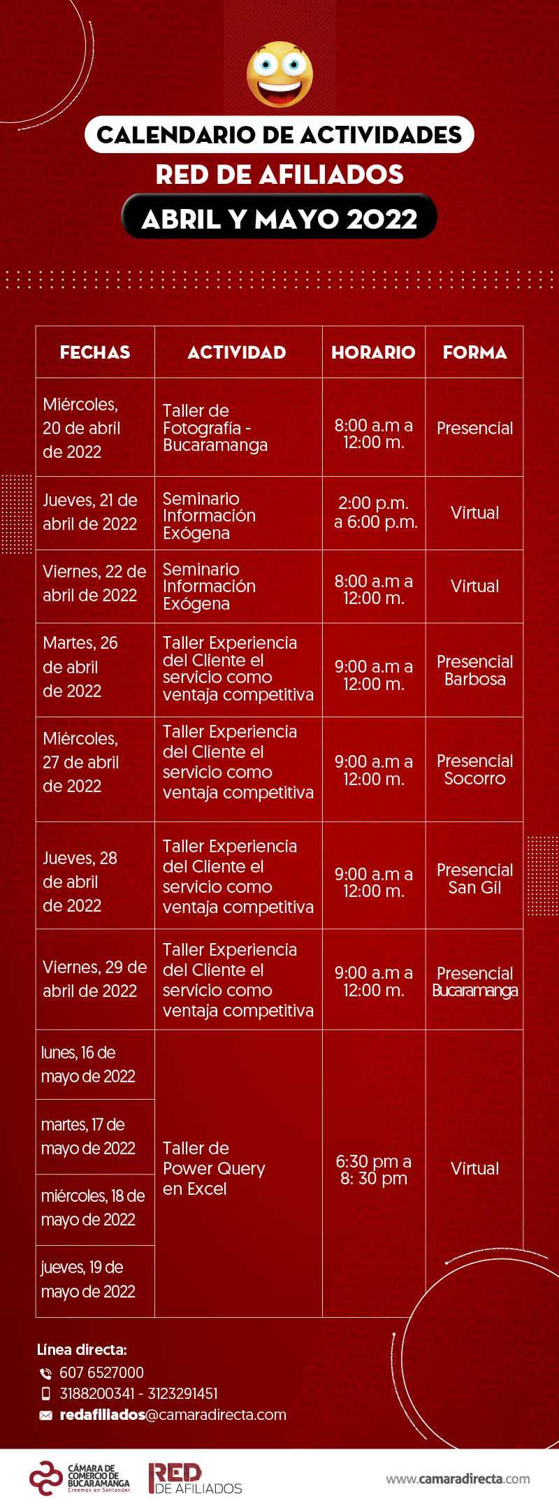 CALENDARIO ACTIVIDADES ABRIL Y MAYO AFILIADOS 2022
