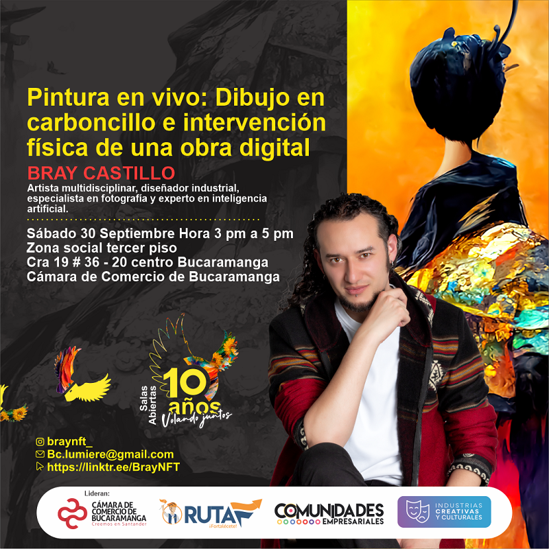 WORKSHOP PINTURA EN VIVO DIBUJO EN CARBONCILLO INTERVENCIÓN FISICA DE UNA OBRA DIGITAL