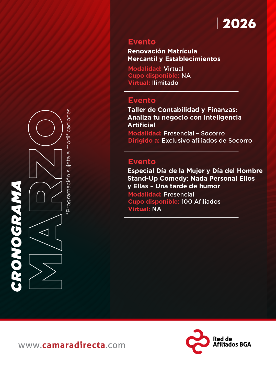 CRONOGRAMA EVENTOS AFILIADOS MARZO 2026