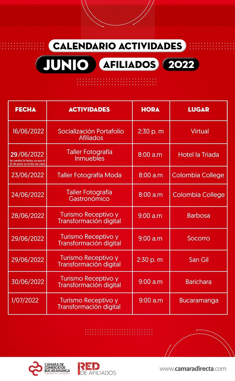 CALENDARIO ACTIVIDADES JUNIO AFILIADOS 2022