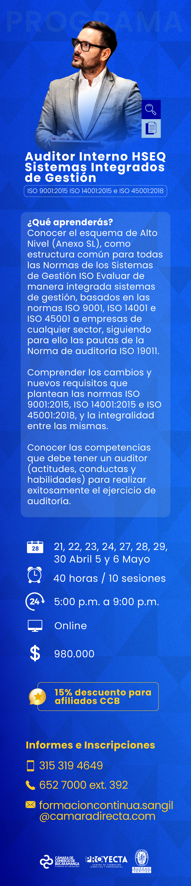  AUDITOR INTERNO HSEQ SISTEMAS INTEGRADOS DE GESTI&Oacute;N ISO 9001:2015, ISO 14001:2015 E ISO 45001:2018)